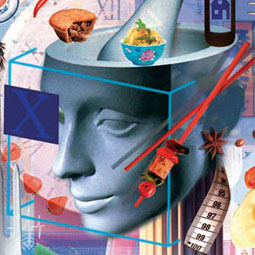 collage illustration of future foods and catering, cafe restaurant
