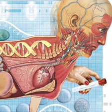 collage illustration of genetic engineering and stem cell research