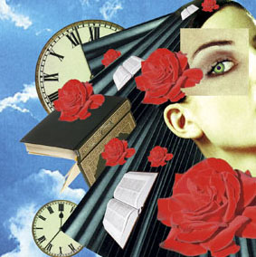 collage illustration books and rose flowers and girl