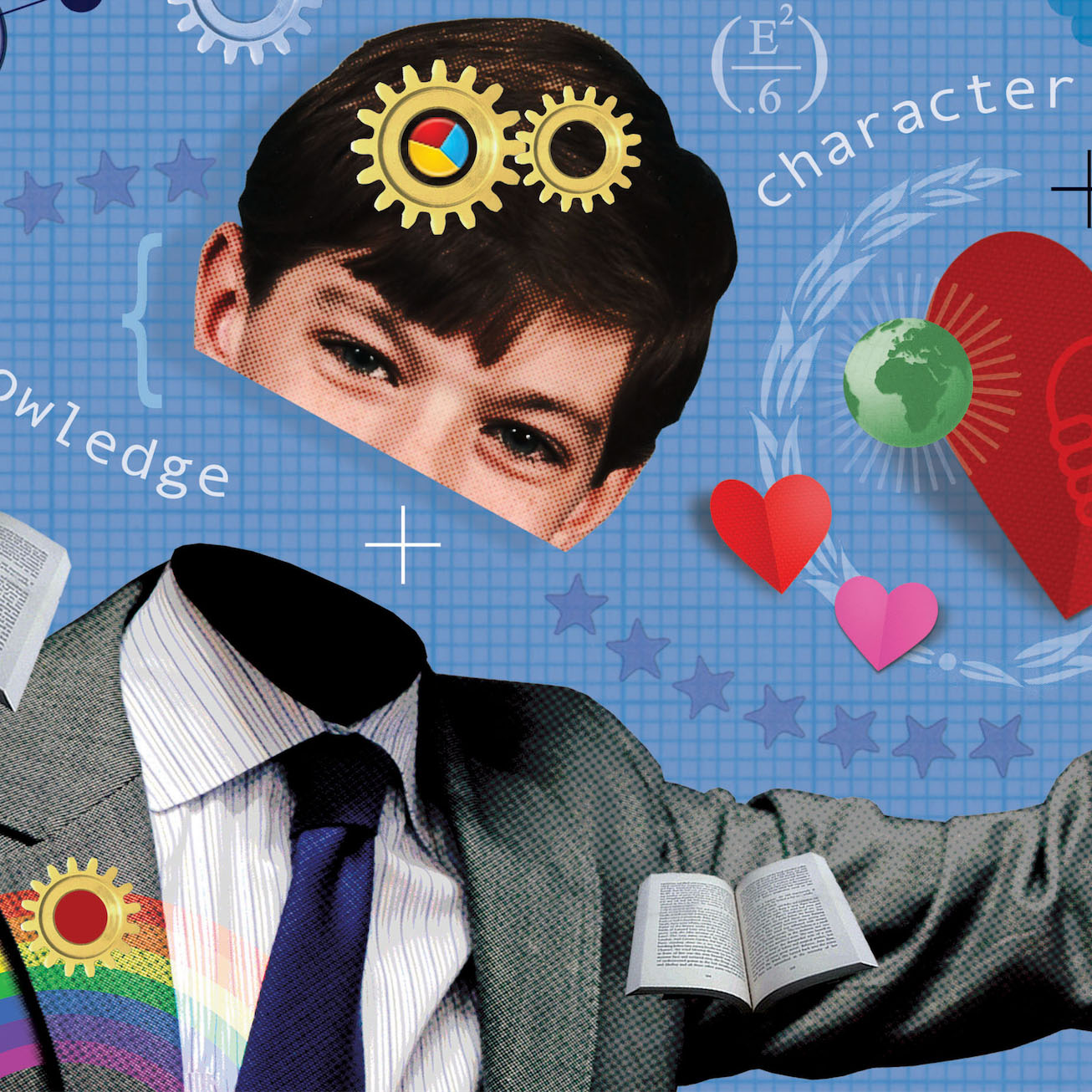 Paul Bateman Collage Illustration, What makes the best teacher in education, schools. Photo Montage figure, books, symbols, love hearts, equations, maths