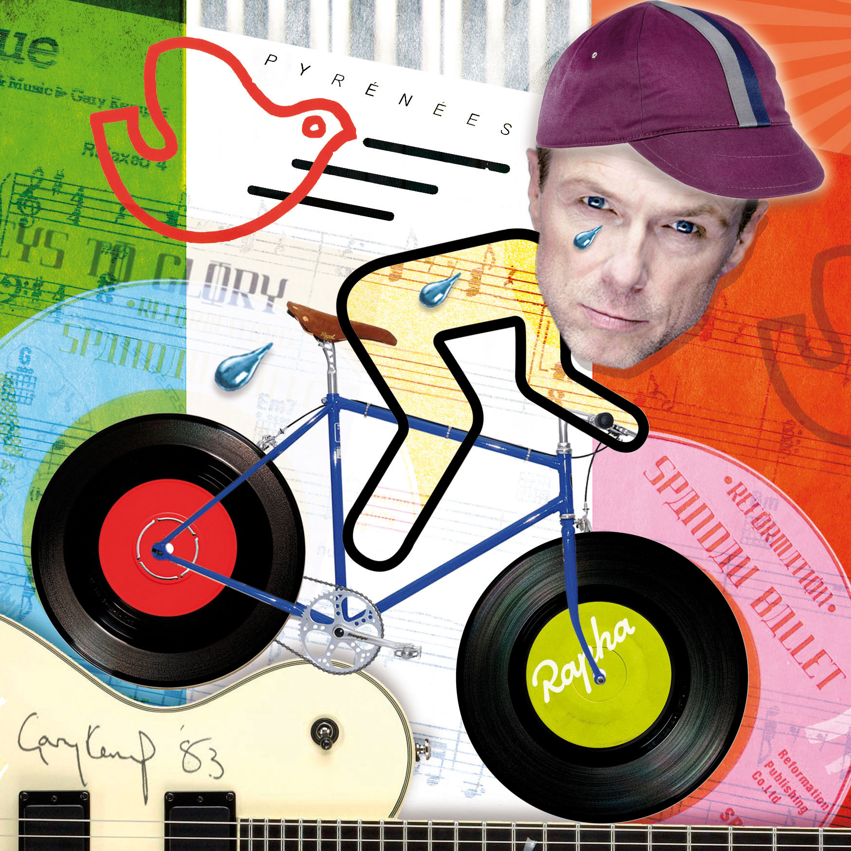 Paul Bateman Collage Illustrations, Funny Montages, Famous Celebrity Cyclists Charicature, Bicycle, Sport, Music,TV, Film, Gary Kemp, Dr Dawn Harper, Dawn Porter, Sally gunnell, Nigel Mansell, Ged Grimes, Didi the Devil, Matt Prior, Jonathan Edwards, Graham Bell, Jim Carter, Tony Audenshaw 