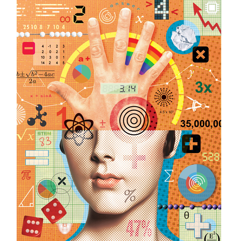 Paul Bateman Collage illustration, Mathematics, Statistics, graphic montage of a face, graphs, algebra, equations, statistics, numbers, business, science, school study.