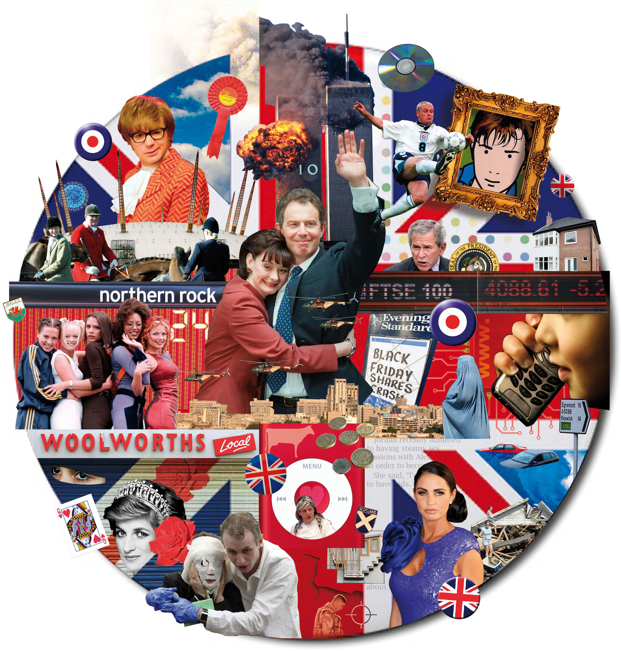Paul Bateman Collage Photomontage illustration Circle, UK, Government, Politics, History, Society, Economy, Gulf war, 9-11, Stock Market Crash, Brit Pop, technology, Tony Blair