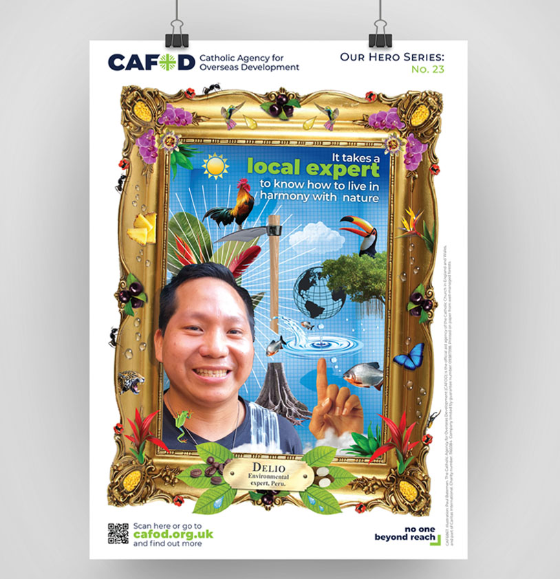 Collage Montage Illustration of a water engineer aid charity worker for CAFOD helping in third world communities in Africa.