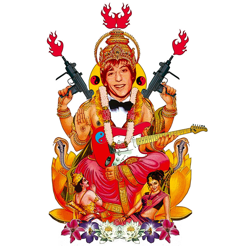 Collage Montage Illustration of Crispian Mills frontman of Kula Shaker, psychedelic rock band with a mixture of peace and violence.