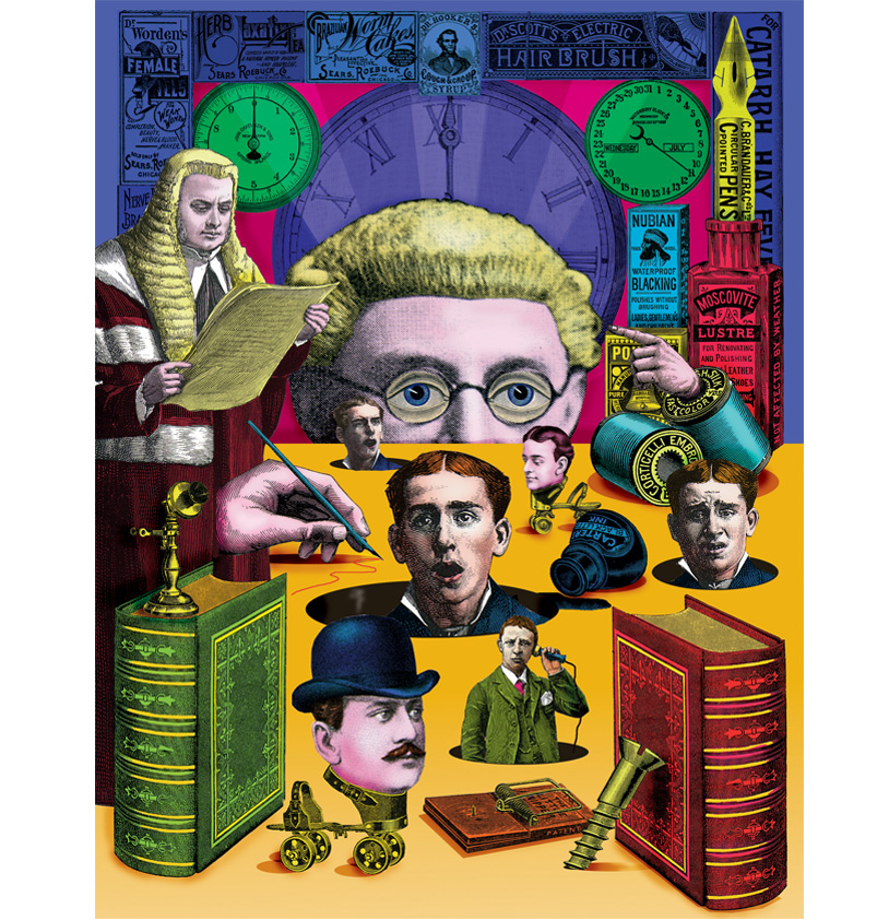 Business Law Collage illustration using victorian printed advertising ephemera and etchings, hand coloured in the style of Monty Python, Terry Gilliam with humour.