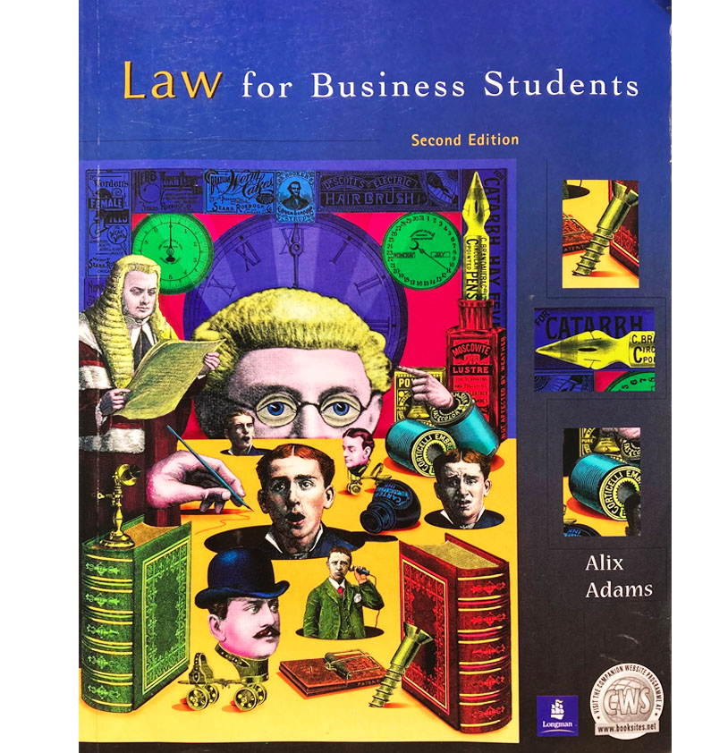 Business Law Collage illustration using victorian printed advertising ephemera and etchings, hand coloured in the style of Monty Python, Terry Gilliam with humour for study book cover.