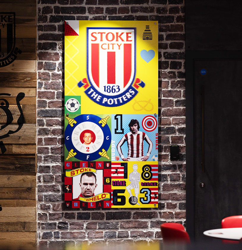 Stoke City Football Memorabilia Retro Wall Art at Ricardo's Sports Bar at the BET 365 Stadium