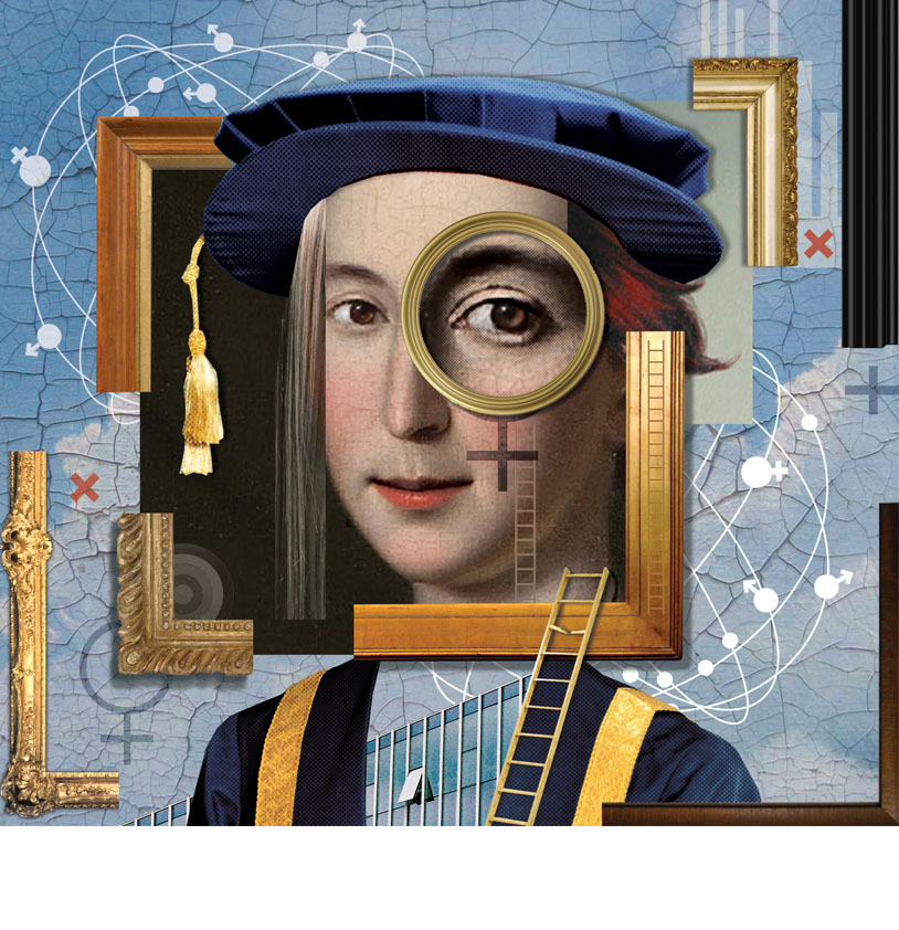 Collage Montage Illustration of woman trying to climb the career ladder to become a University Vice-Chancellor in further education.