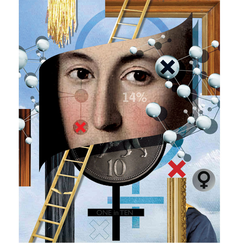 Collage Montage Illustration of woman trying to climb the career ladder to become a University Vice-Chancellor in further education.