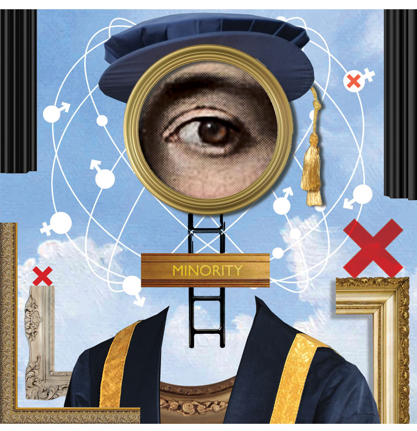 Collage Montage Illustration of woman trying to climb the career ladder to become a University Vice-Chancellor in further education.