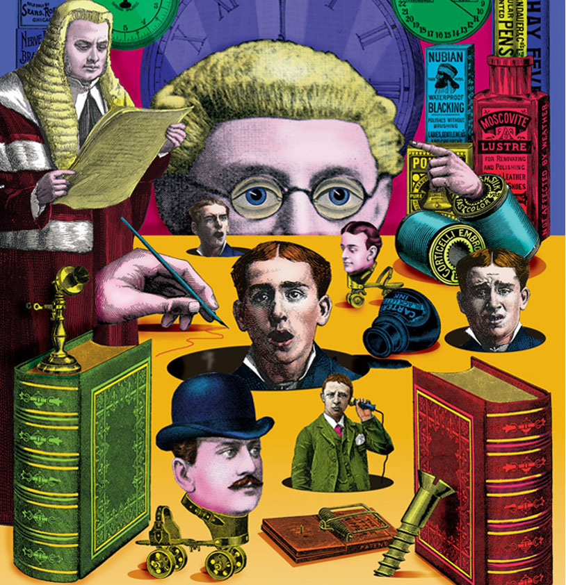 Paul Bateman Monty Python surreal style humorous collage illustration, coloured vintage victorian etchings images, montage legal,law, business.