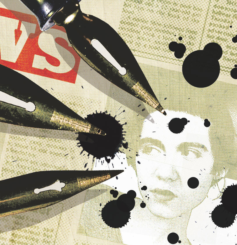 Paul Bateman Collage illustration, media, newspaper press intrusion, graphic montage, newsprint, typography, face, ink pens, ink blots