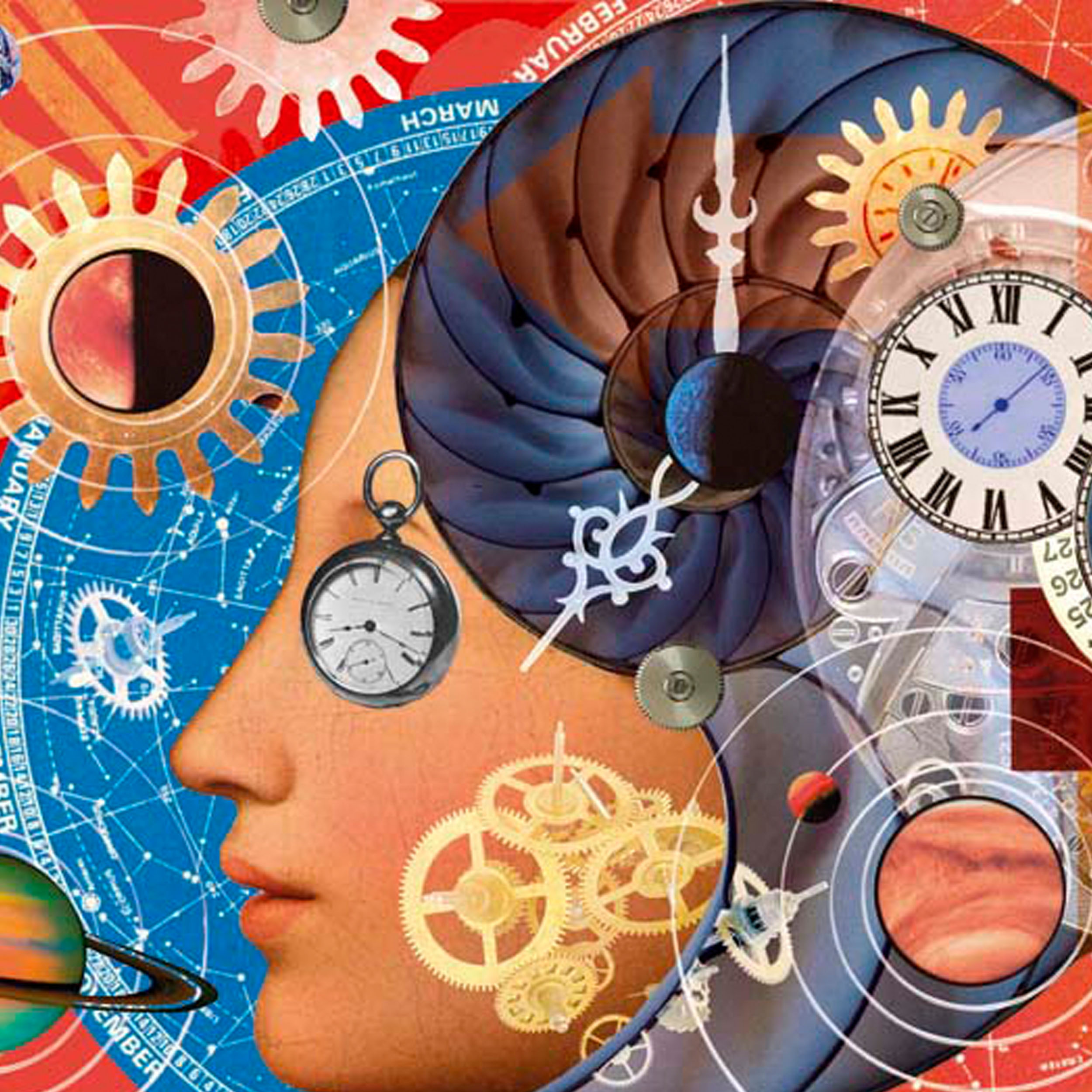 Paul Bateman Collage Photomontage illustration of Time and Space, montage of a female face, watches, clocks, cogs, springs, planets and calendars
